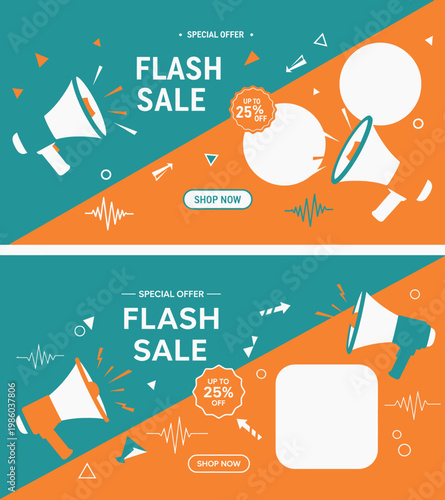 A vibrant promotional graphic illustration announces a flash sale with megaphones and icons on a split colored background.
