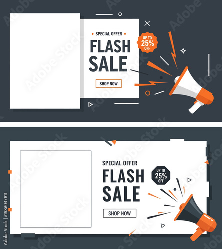 A vibrant digital illustration of a flash sale advertisement on a white background with bold orange and black graphics