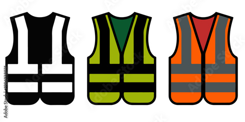 Set of high visibility safety vests in different colors including reflective stripes for construction workers road safety and industrial protection
