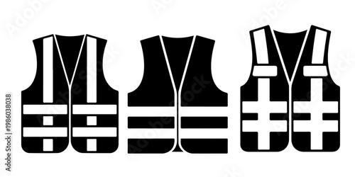 Set of high visibility safety vests in different colors including reflective stripes for construction workers road safety and industrial protection