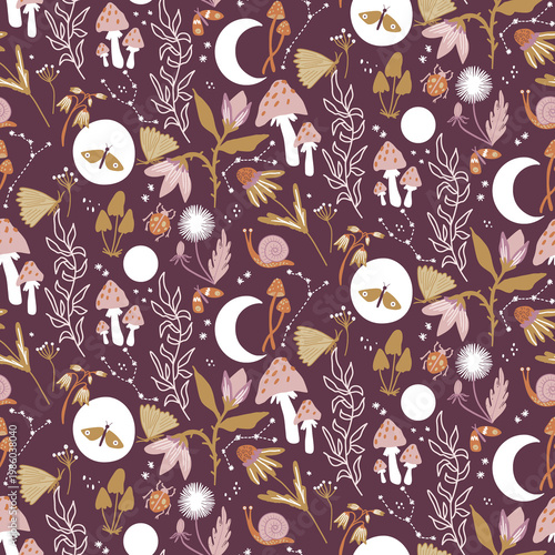 Fotografie Whimsical moon and mushroom pattern on purple background for stationery design