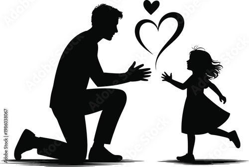 Silhouette of father and little girl with heart symbols, love and family concept