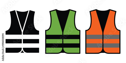 Set of high visibility safety vests in different colors including reflective stripes for construction workers road safety and industrial protection