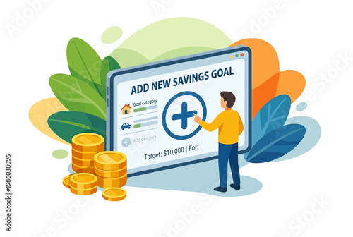Modern Digital Savings Goal Interface with Man and Gold Coins