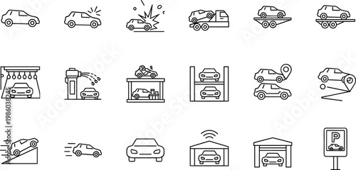 Car Service and Accident Icon Set Vector Illustration with Vehicle Repair, Maintenance, Parking and Insurance Symbols for Automotive Design, UI Interfaces and Transport Concepts