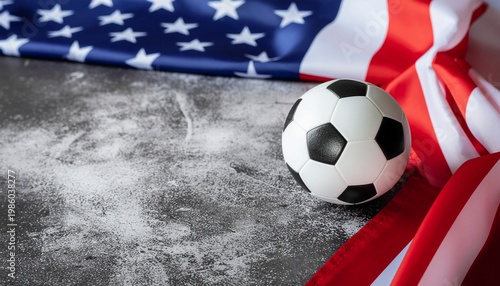 Soccer Ball Next to American Flag on Dark Textured Concrete Surface