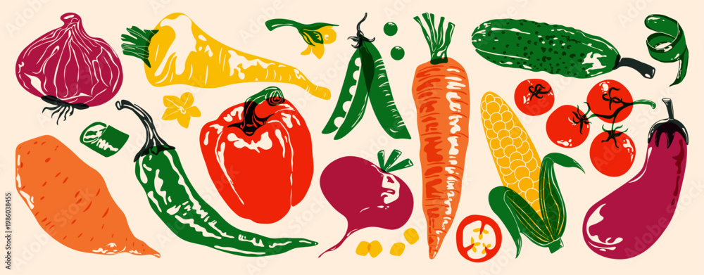Naklejka premium Fresh vegetables. Organic farm food, tomato bell pepper carrot eggplant cucumber green peas onion potato, vintage vegetable collection risograph linocut print. Vector abstract set