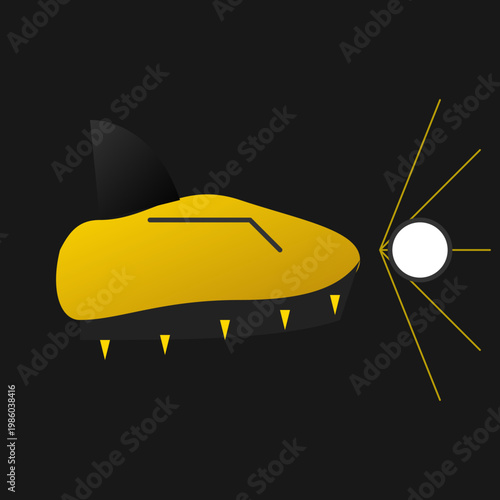 A yellow futuristic soccer cleat with a shark fin striking a white ball Graphic Illustration