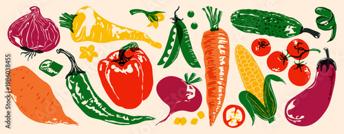 Fresh vegetables. Organic farm food, tomato bell pepper carrot eggplant cucumber green peas onion potato, vintage vegetable collection risograph linocut print. Vector abstract set