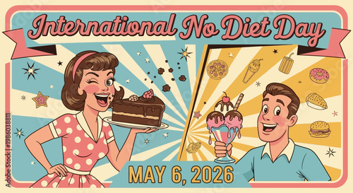 Retro vintage couple celebrating International No Diet Day with cake and ice cream isolated on background