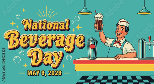 Retro bartender celebrating National Beverage Day with cocktail shaker isolated on background