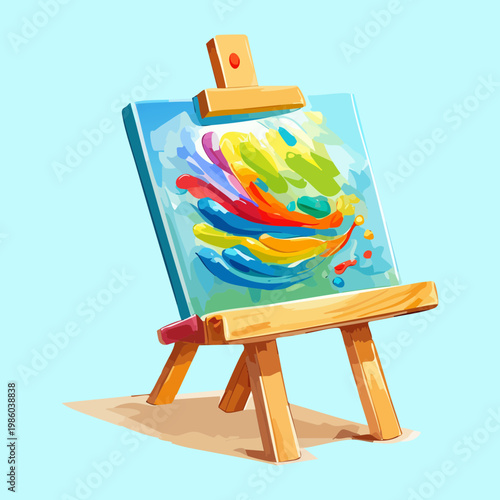 Small table easel with messy oil paint palette on canvas for miniature painting artistic hobby creative expression fine art class and professional artist studio