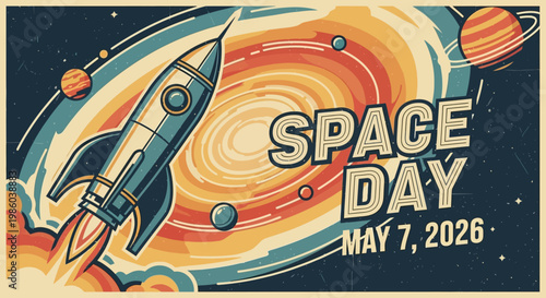 Retro space rocket celebrating Space Day with planets and stars isolated on background