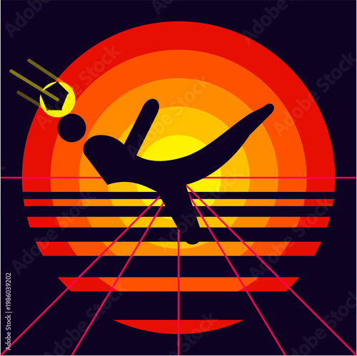 Silhouette of a goalkeeper diving through a retro sunset with a synthwave aesthetic style Illustration