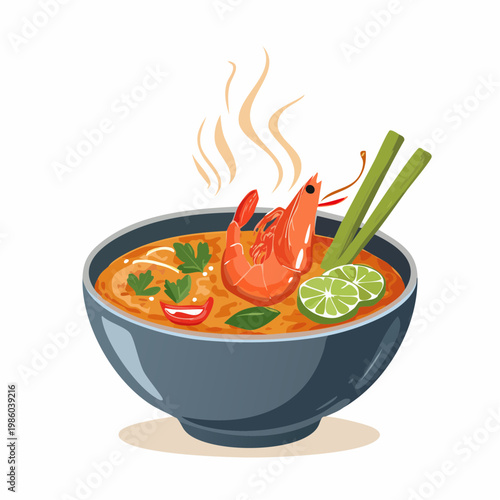 Eine aromatische, scharfe Tom Yum Goong Suppe mit saftigen Garnelen und zartem Fisch
