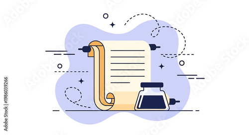 Ancient Scroll and Inkwell Illustration.