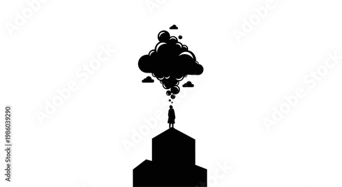 Black silhouette of smoke coming from building.