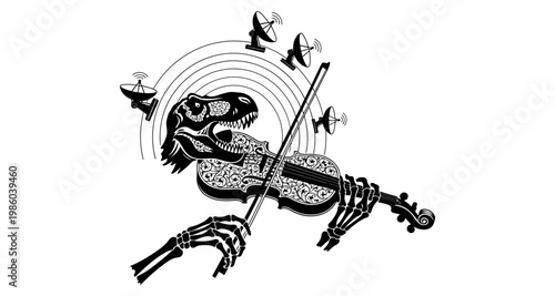 Dinosaur skeleton playing violin with satellite dishes against cosmic background silhouette