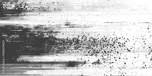 Abstract Black and White Grunge Texture Background with Glitch and Halftone Effects