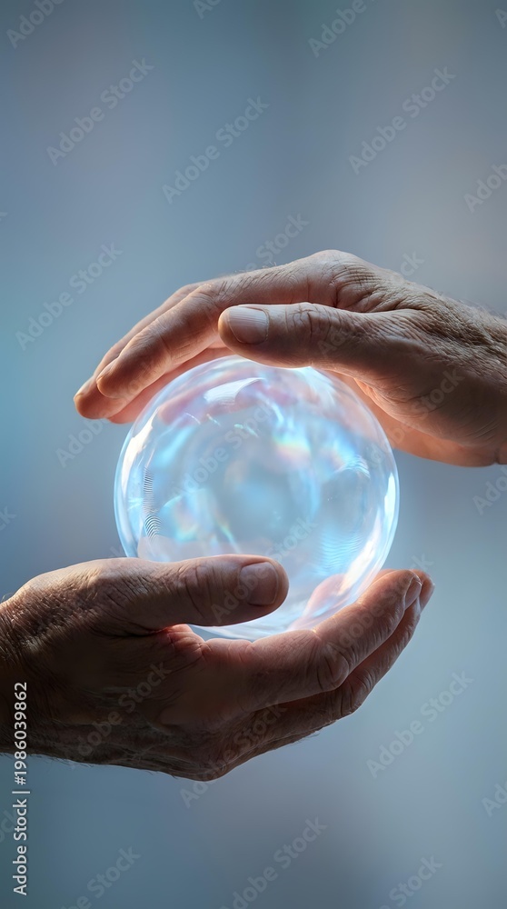 Fototapeta premium Protective hands cupping glowing crystal sphere with rainbow reflections symbolizing care, protection, energy healing and spiritual wellness concepts.