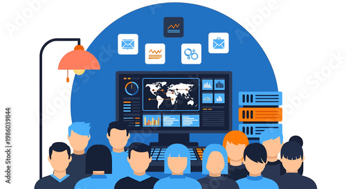 People gathered around a large screen displaying a world map and data.