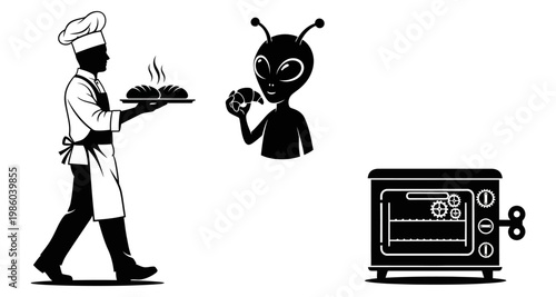 Baker presenting bread to alien near clockwork oven silhouette