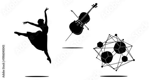Ballerina Cello and Geometric Shape Silhouette against white background