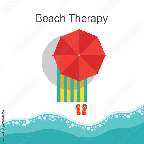 Woman Relaxing Under Beach Umbrella Alone.