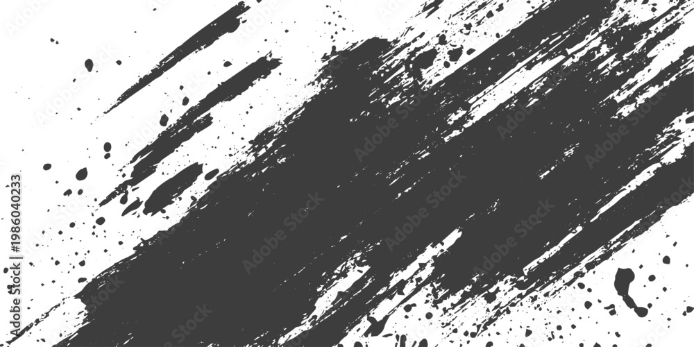 Obraz premium Black Grunge Paint Brush Stroke with Splatters on White Background Abstract Vector Illustration