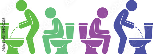 Illustrations of different toilet usage scenarios and cleaning actions