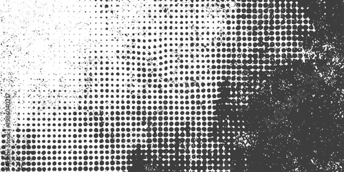 Black and White Halftone Grunge Vector Texture with Distressed Dot Pattern and Ink Splatter for Gritty Graphic Design Projects