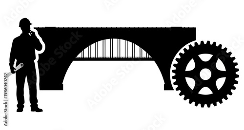 Engineer contemplating a bridge structure with a gear against a white background silhouette