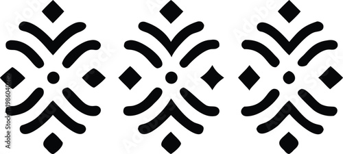 Symmetrical black and white pattern featuring curved lines and central diamond shapes