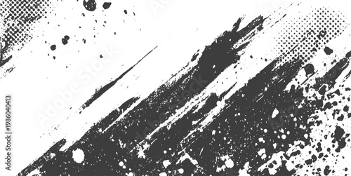Abstract Black and White Grunge Background with Ink Splatters Halftone Texture and Distressed Brush Strokes for Urban Graphic Design