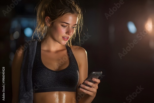 Young woman using smartphone after workout fitness lifestyle concept