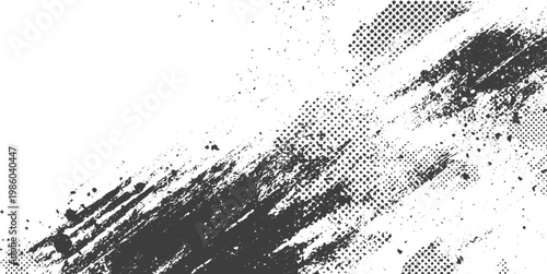Black and White Grunge Brush Stroke Vector Texture with Halftone Pattern and Ink Splatters
