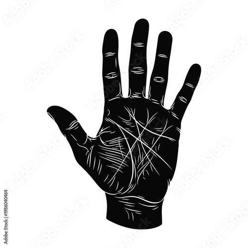 Palmistry hand chart with lines and symbols for reading destiny and future fate on white background