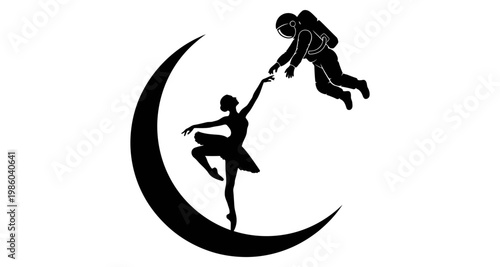 Ballerina on Crescent Moon reaching for Astronaut in Space Silhouette