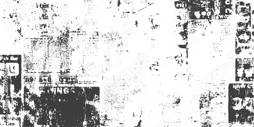 Vintage Newspaper Grunge Texture Vector Background with Distressed Urban Typography and Paper Fragments in Black and White