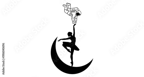 Ballerina on crescent moon reaching for astronaut in silhouette against white