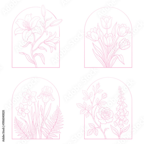 Black and white flower illustrations set.