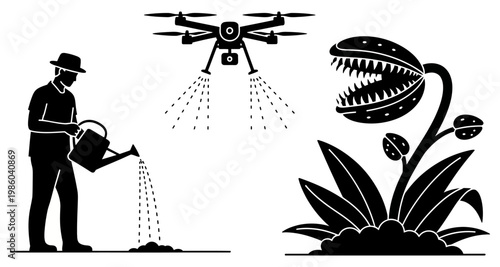 Farmer waters soil with watering can against drone spraying and giant carnivorous plant silhouette