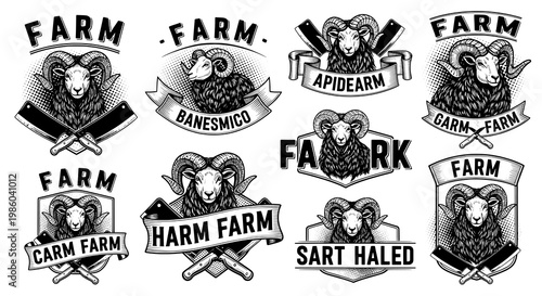 Collection of Ram Head Farm Logos with Knives and Banners