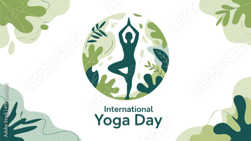 International yoga day silhouette of person in tree pose with leaves, silhouette