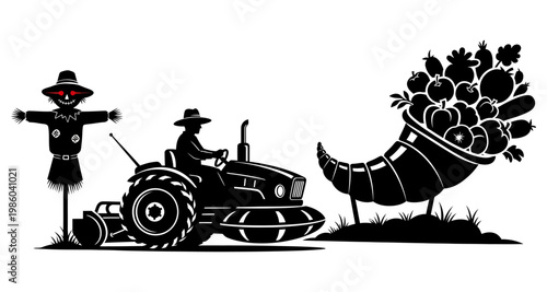 Farmer with tractor approaching abundance horn of plenty during harvest season silhouette