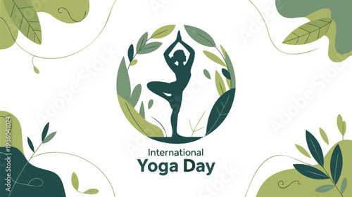 International yoga day person in tree pose with foliage, vector illustration