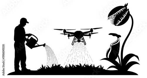 Farmer watering plants near drone spraying crops with carnivorous plants silhouette
