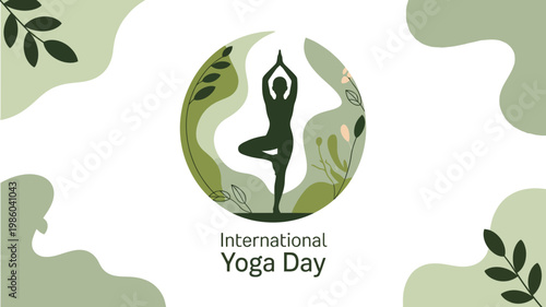 International yoga day silhouette performing tree pose surrounded by leaves