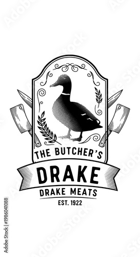 The Butcher's Drake Meats Logo with Duck Illustration