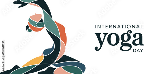 International yoga day banner with geometric figure in pose geometric stylized